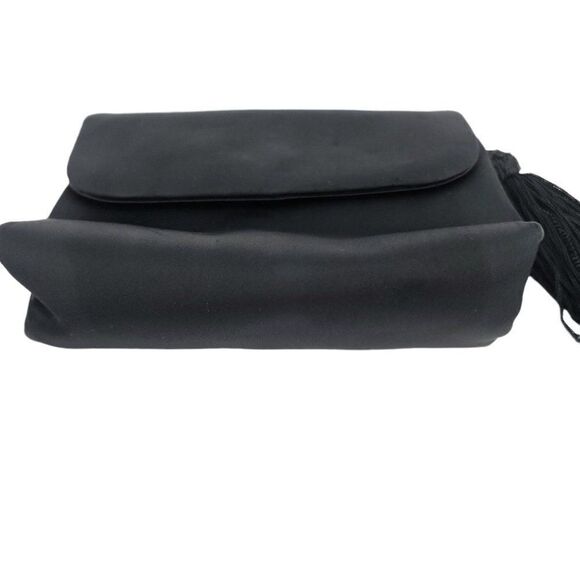 Vtg Luc Benoit Designer Mini Baguette Satin Graduation Tassel Clutch Handbag Blk - Picture 6 of 8